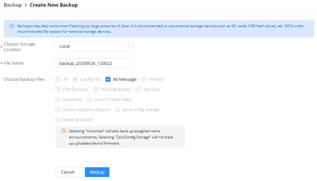 Create New Backup