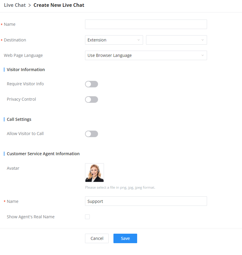 Configuração de Live Chat