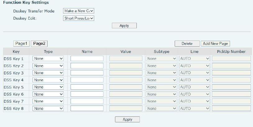 Configurações de Teclas DSS