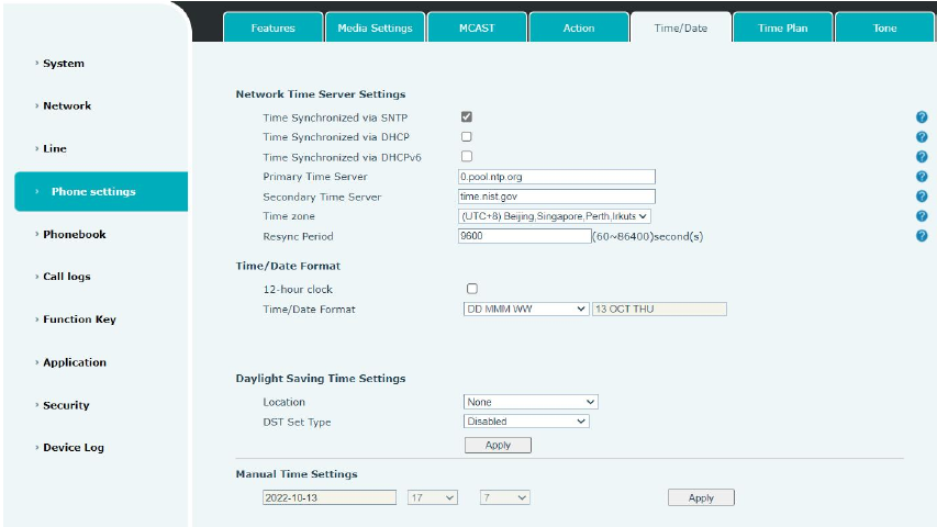 Configurações de Hora e Data na interface web