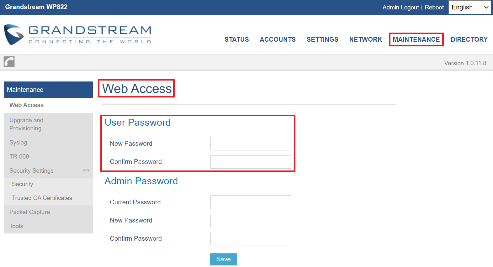 Página de alteração de senhas de administrador e usuário na interface web