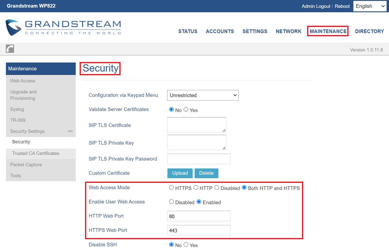 Página de configurações de segurança, incluindo modo de acesso e portas web