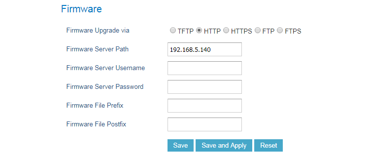 Tela de configuração de atualização de firmware e provisionamento automático