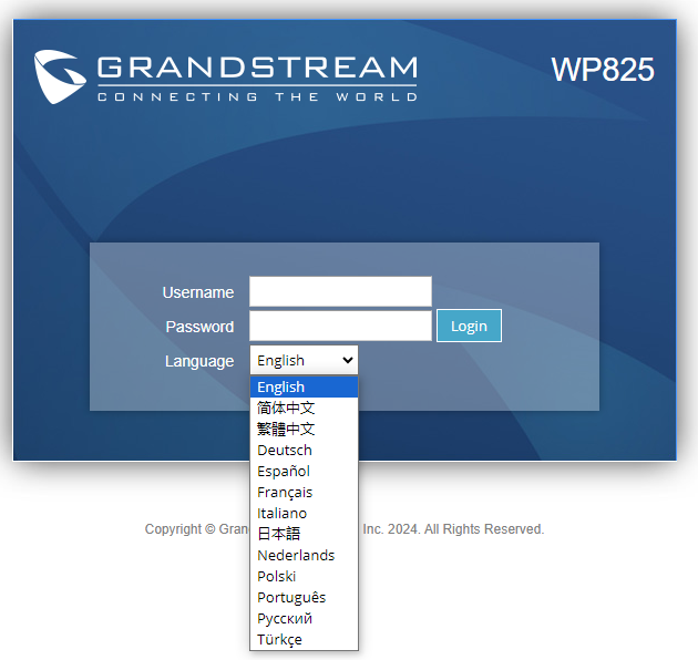 Tela de login da interface de configuração web do Grandstream WP810