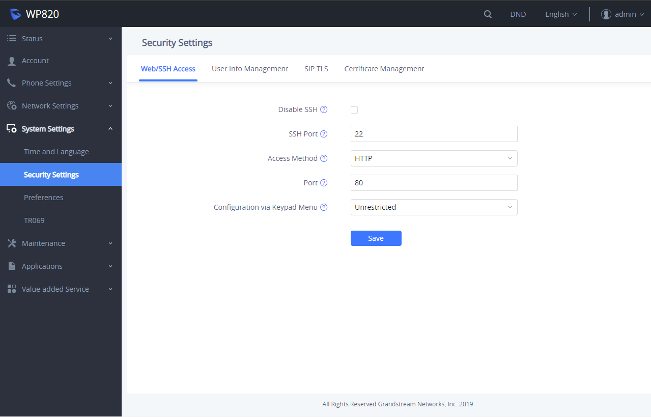 Configurações de acesso WebSSH do WP820