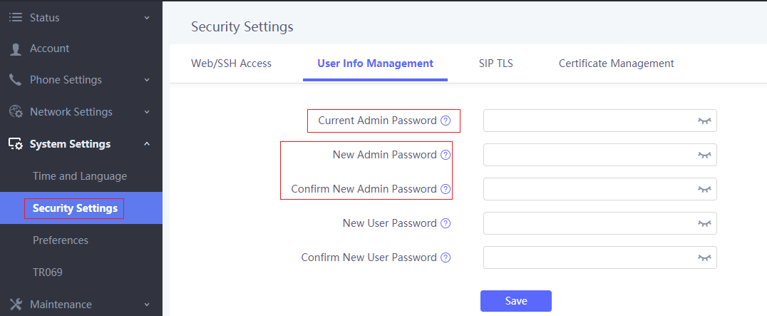 Configurações de senha de administrador do WP820