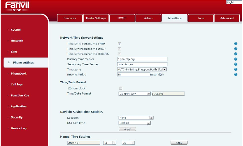 Configurações de Hora e Data na Web