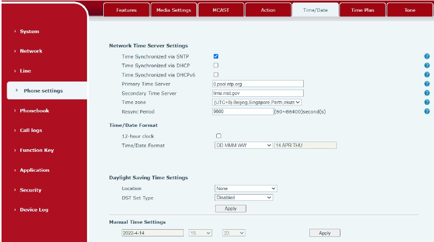 Configuração de Data e Hora na Página Web