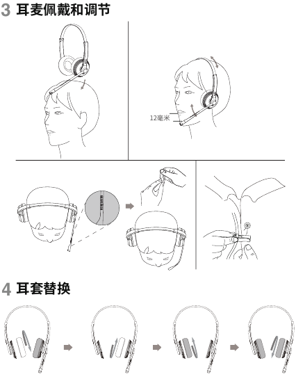 Instruções de ajuste do headset e posicionamento do microfone
