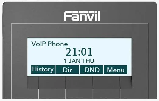 Display do Fanvil X1 em repouso com as teclas History, Dir, DND e Menu