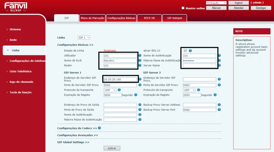Interface web do Fanvil X1, página Linha, conta SIP1 com usuário, autenticação e servidor SIP destacados