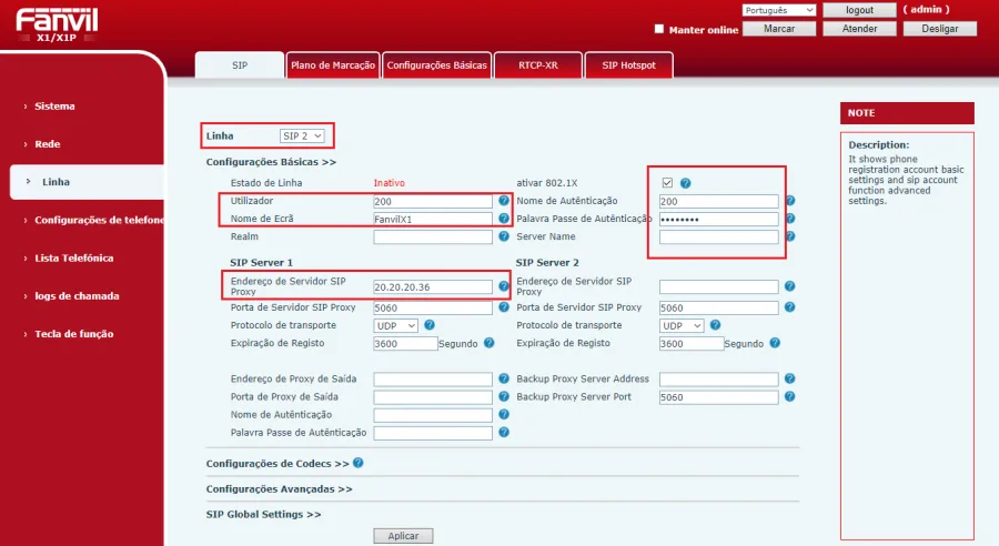 Interface web do Fanvil X1, página Linha, conta SIP2 com os campos de credenciais destacados
