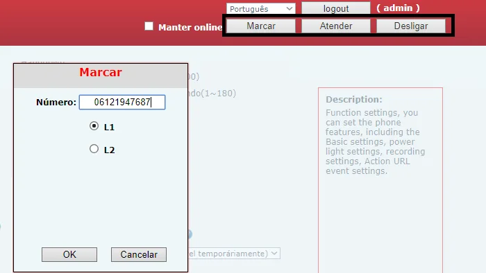 Janela Marcar da interface web do Fanvil X1 com campo de número e escolha da linha L1 ou L2