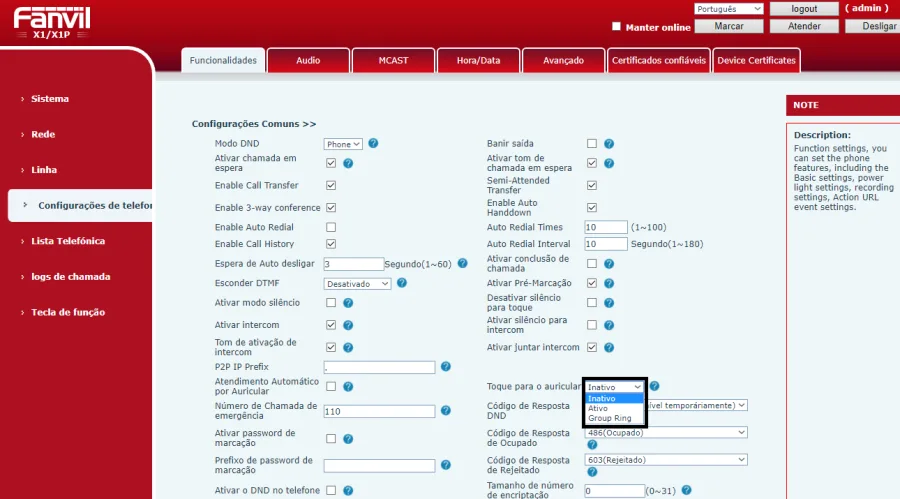 Interface web do Fanvil X1, Configurações de Telefone, com a opção de toque no auricular aberta