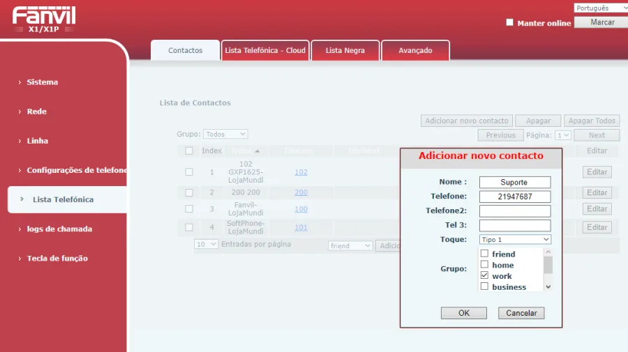 Interface web do Fanvil X1, Lista Telefônica, janela Adicionar novo contacto