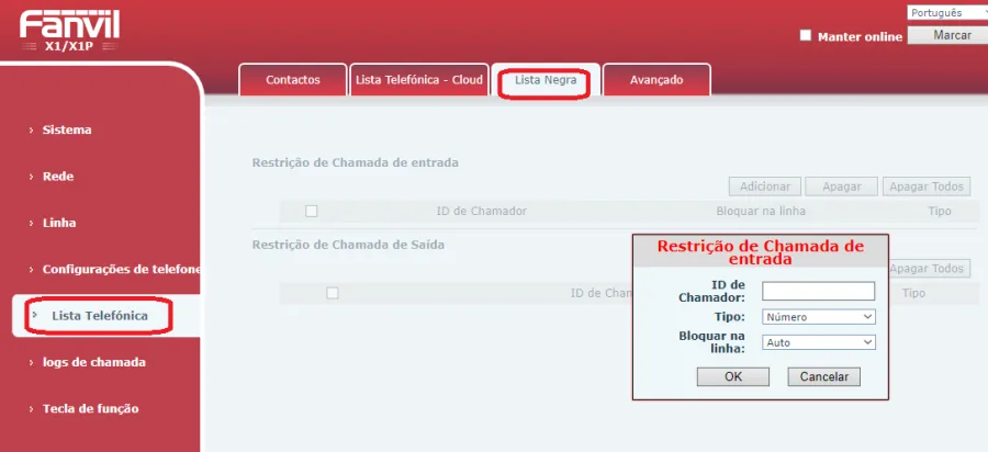 Interface web do Fanvil X1, aba Lista Negra, janela Restrição de Chamada de entrada