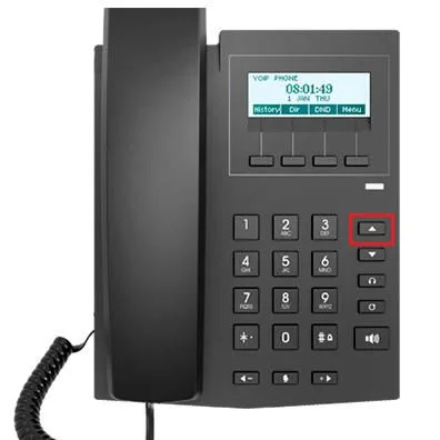 Telefone IP Fanvil X1 visto de frente com a tecla seta para cima destacada em vermelho
