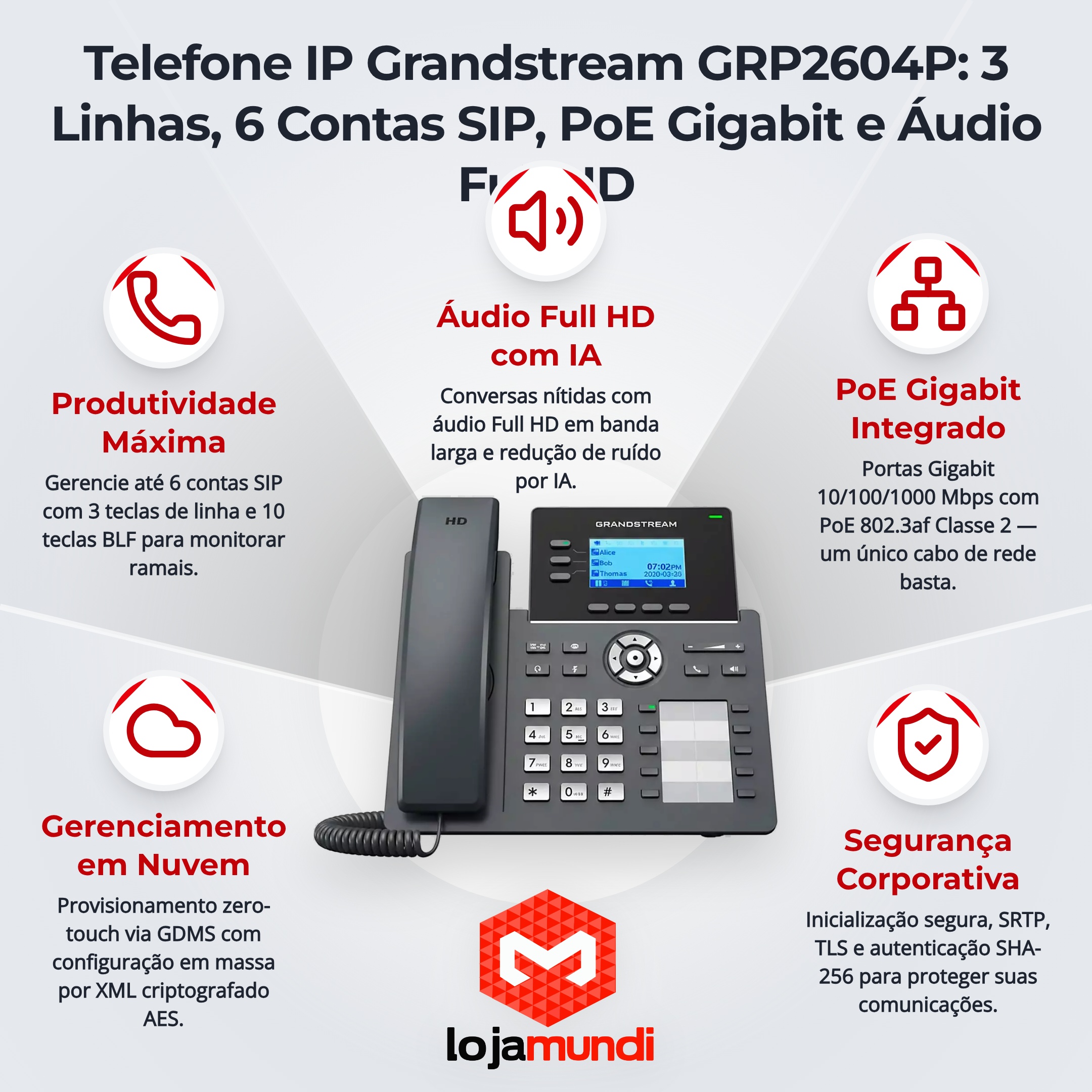 Foto 4 do produto Telefone IP Grandstream GRP2604P - 3 Linhas, 6 Contas SIP, Gigabit PoE e Áudio HD