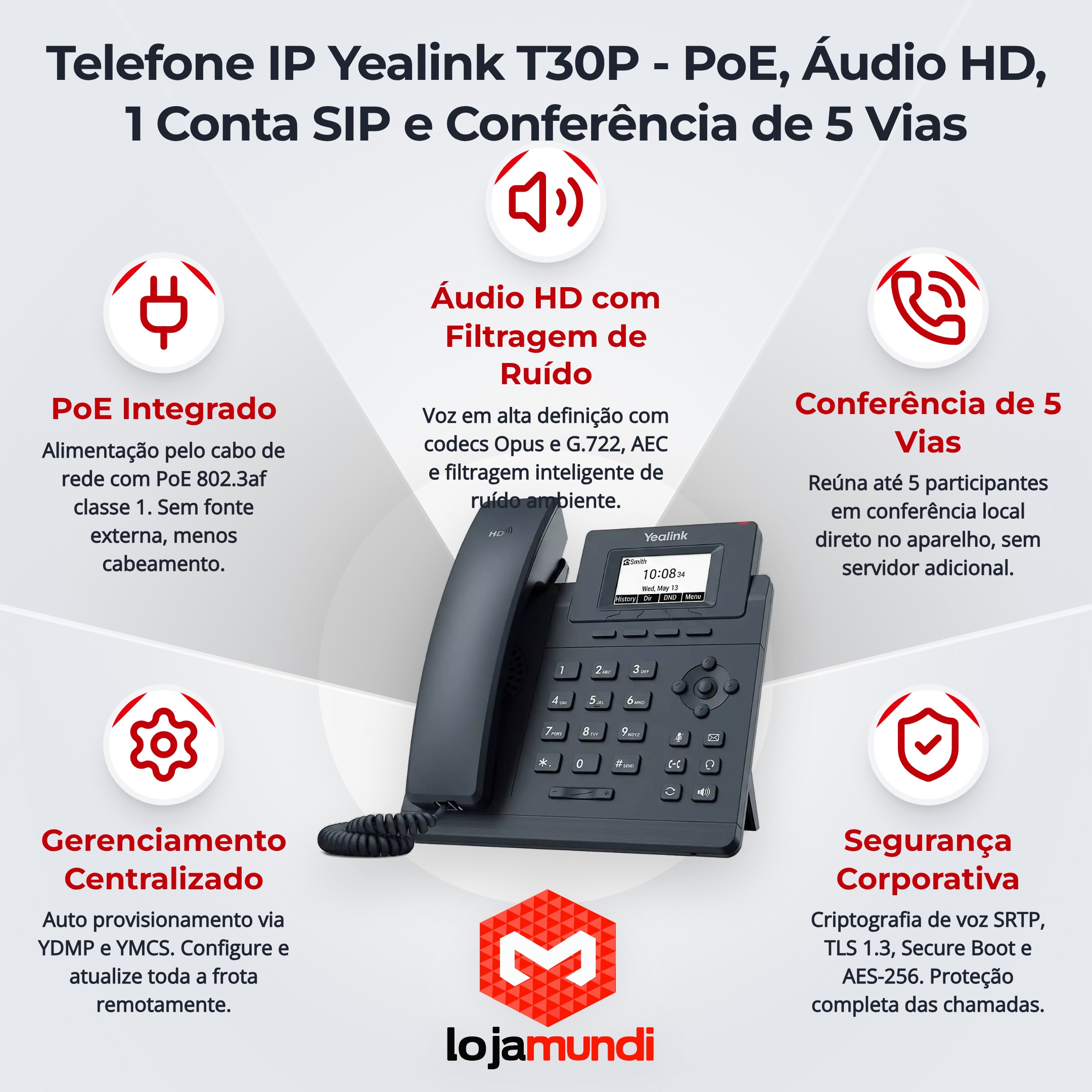 Foto 3 do produto Telefone IP Yealink T30P - PoE, 1 Conta SIP, Áudio HD e Conferência de 5 Vias